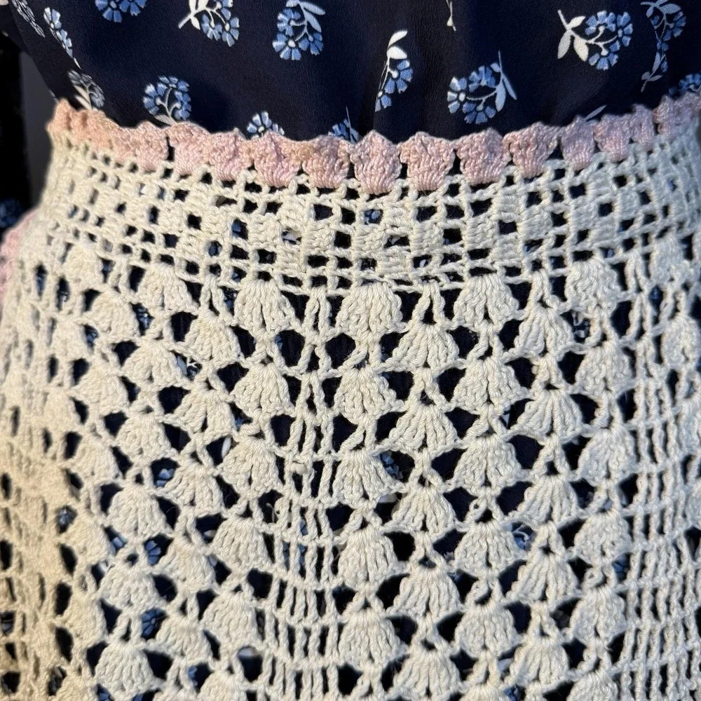 Vintage Cottagecore Apron Set Crochet Lace Embroidered Rose Sheer Hostess